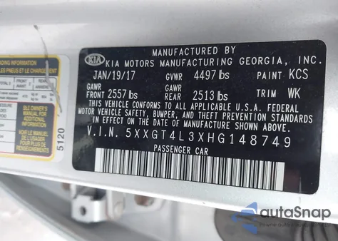 2017 Kia Optima Lx из США, поврежденный, VIN 5XXGT4L3XHG148749